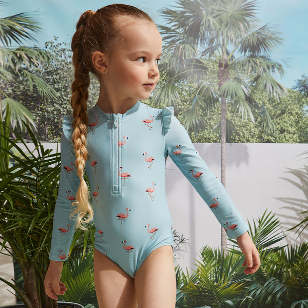 Flamingo Print on Canal Blue Long-Sleeve Swimsuit – miles the label